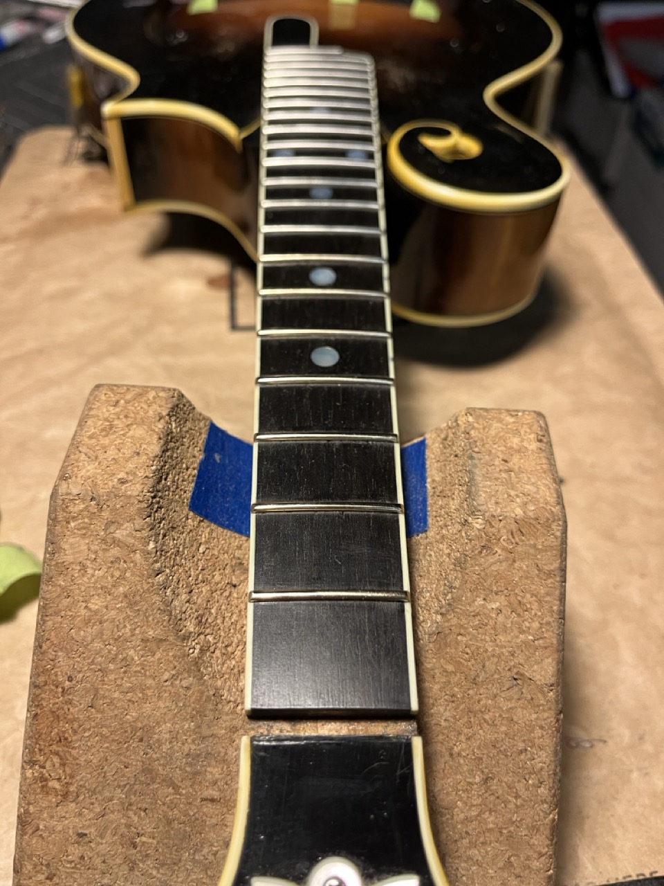 Close detail of a stringed instrument body
